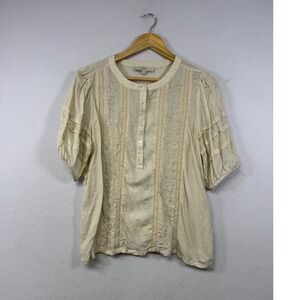 LOFT Blouse Women Large Cream Swiss Dot Embroidered Lace Ruffle Sleeve Top